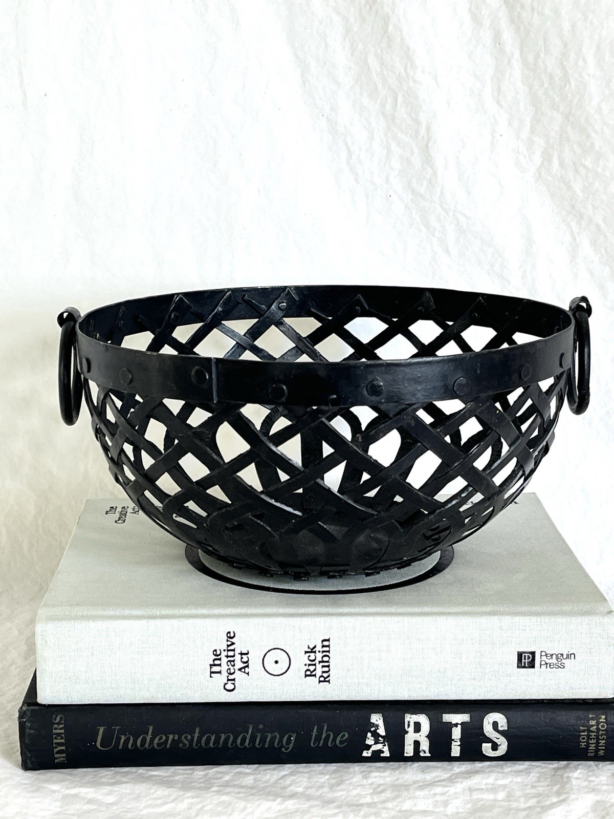 Black Resin Basket with Ring Handles Inspired by Cast Iron Baskets