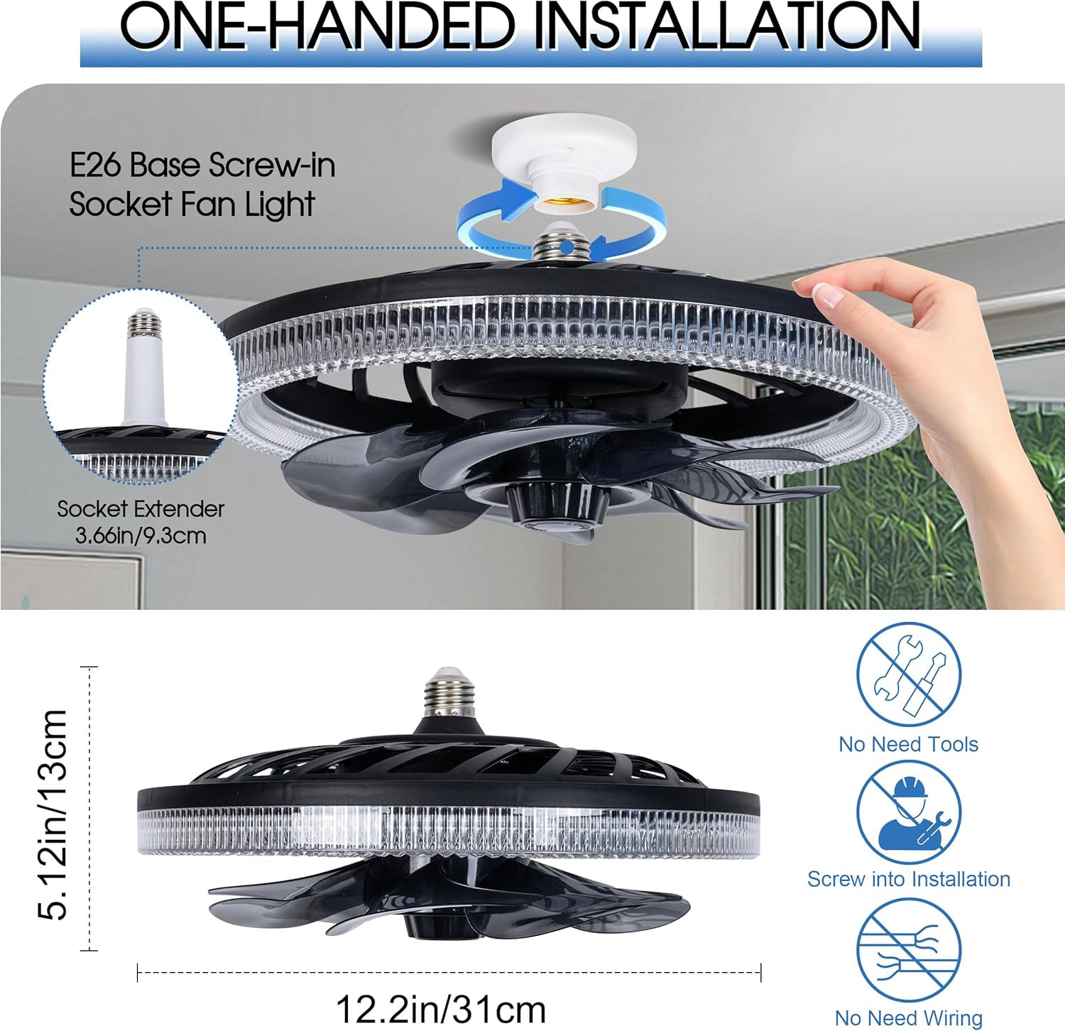 Socket Ceiling Fan Light,Bulb Socket Fan with Remote,Dimmable E26 Base Ceiling F