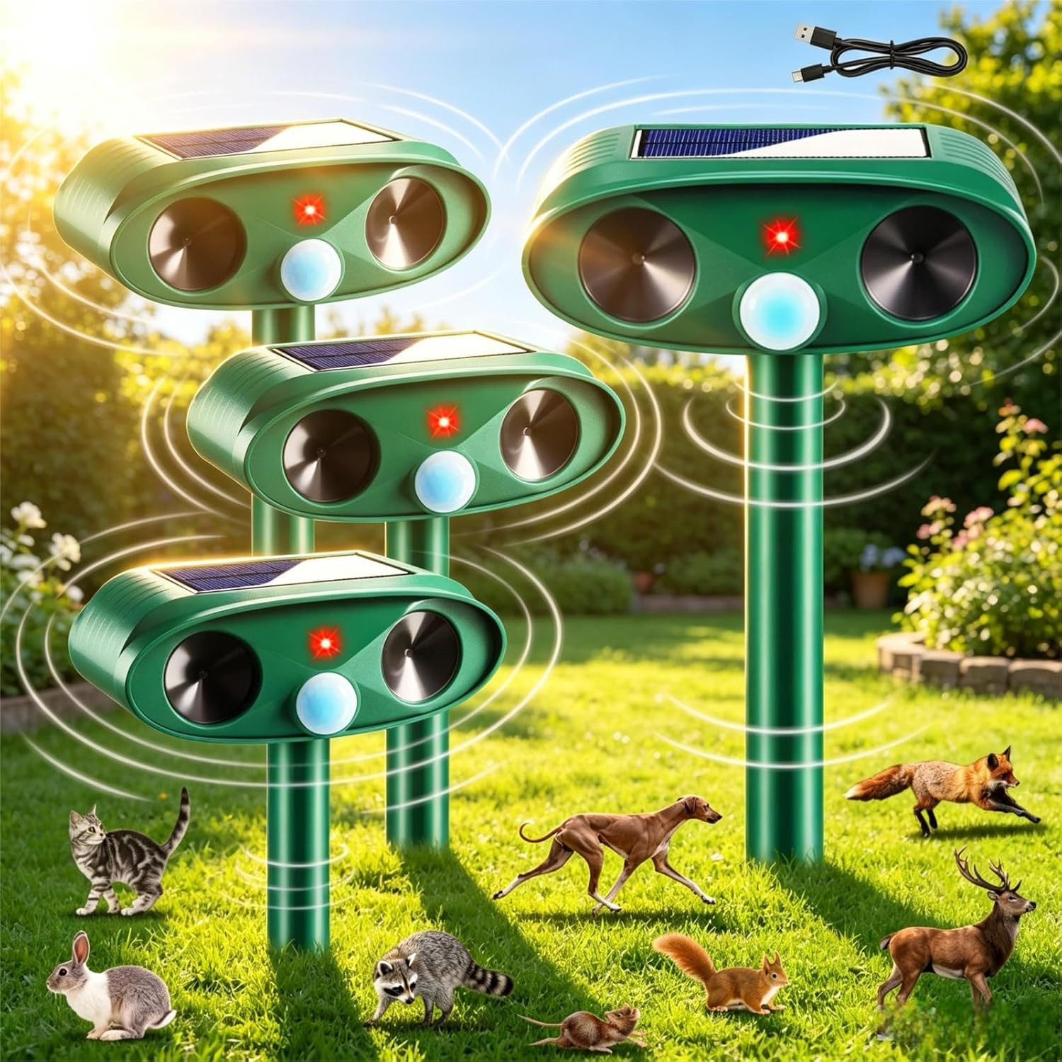 4 Pack Sonic Fortress Pro Deer Repellent Devices- Solar Ultrasonic Animal Repell