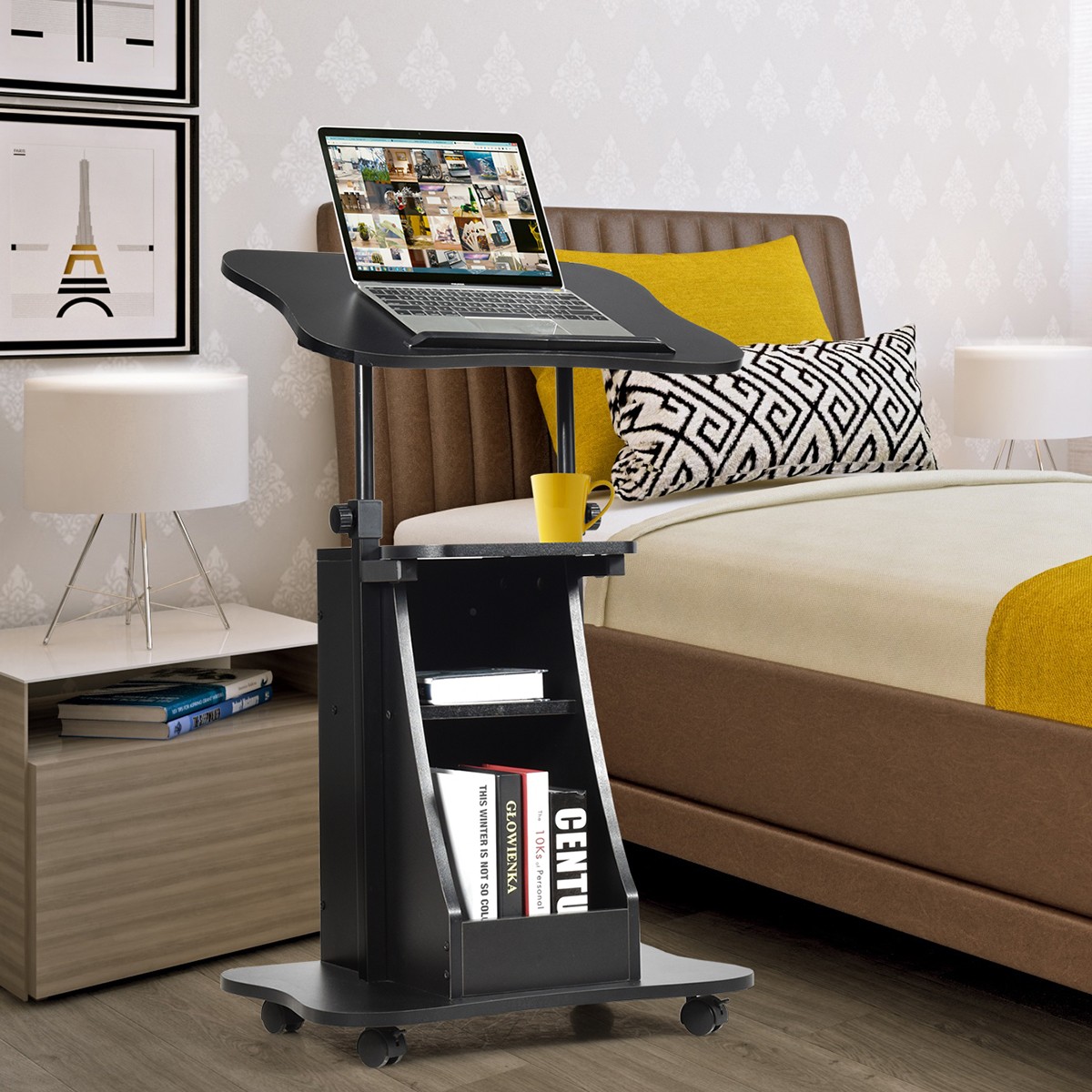 Sit-to-Stand Adjustable Laptop Desk Cart Rolling Mobile Features Storage Black