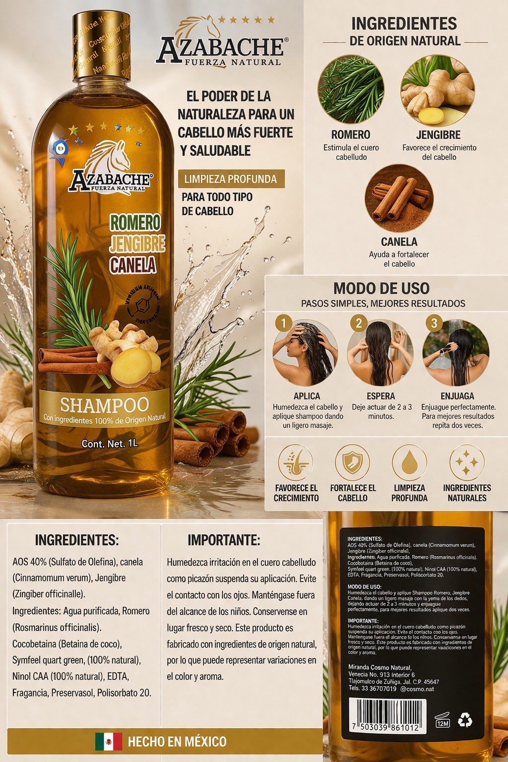AZABACHE Shampoo, Cinnamon, Ginger, Rosemary 1L