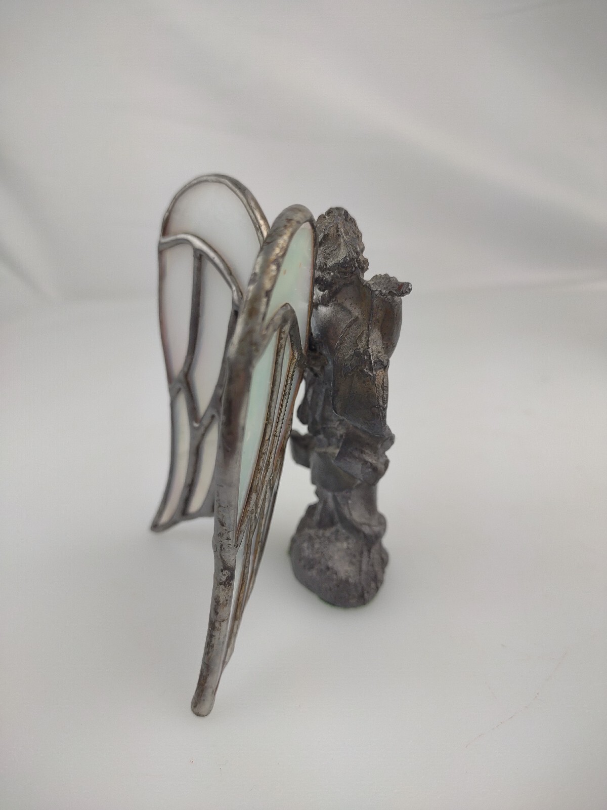 Standing Angel with Ribbon Hand Cast metal Sculpture with stain glass wings