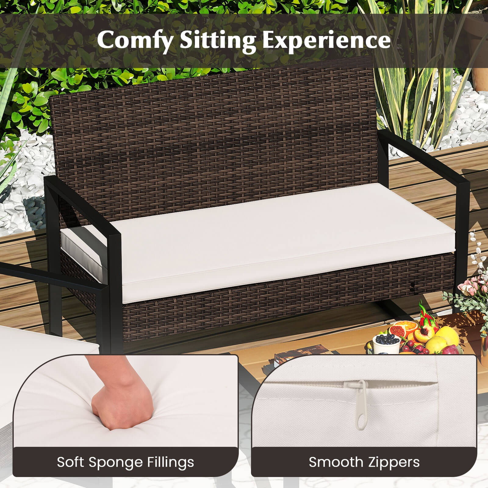 8 PCS Patio Furniture Set w/ Cushioned Chairs & Wood Plastic Coffee Table