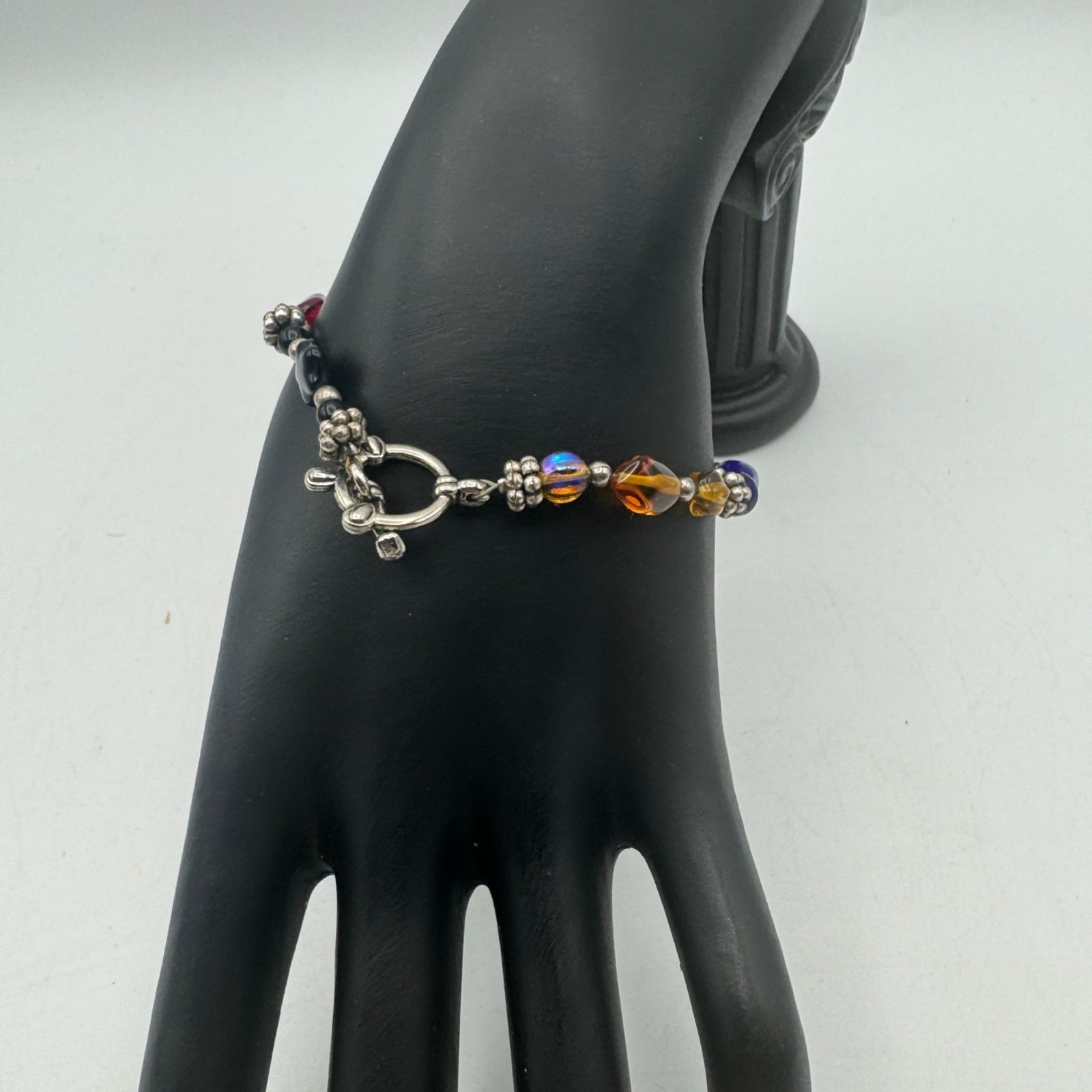 Colorful Glass Bead Bracelet With Silver Accents Adjustable Clasp Handmade Boho
