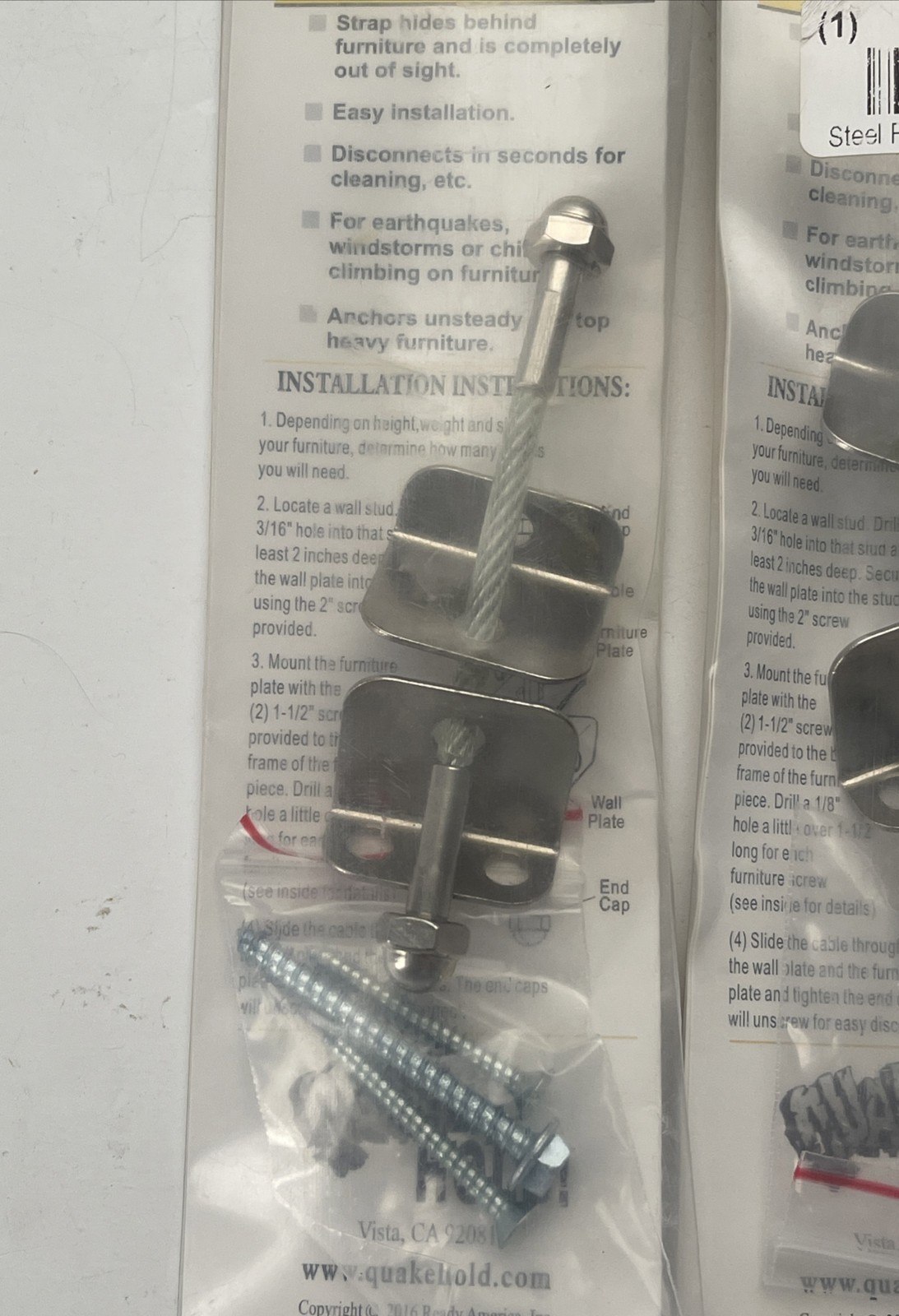 Lot of 2 Quakehold Heavy Duty Steel Furniture Cable 4in 2930