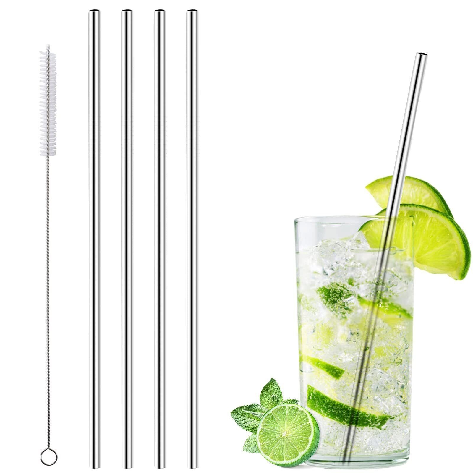 Set of 4 Stainless Steel Straws, Reusable Metal Straws