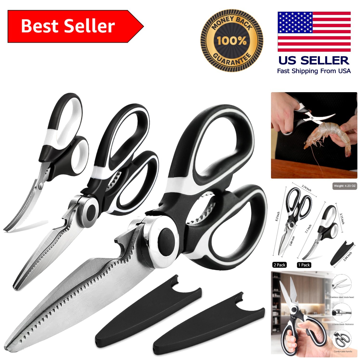 All-Purpose Kitchen Scissors 3 Pack - Heavy Duty Stainless Steel for Meat & More
