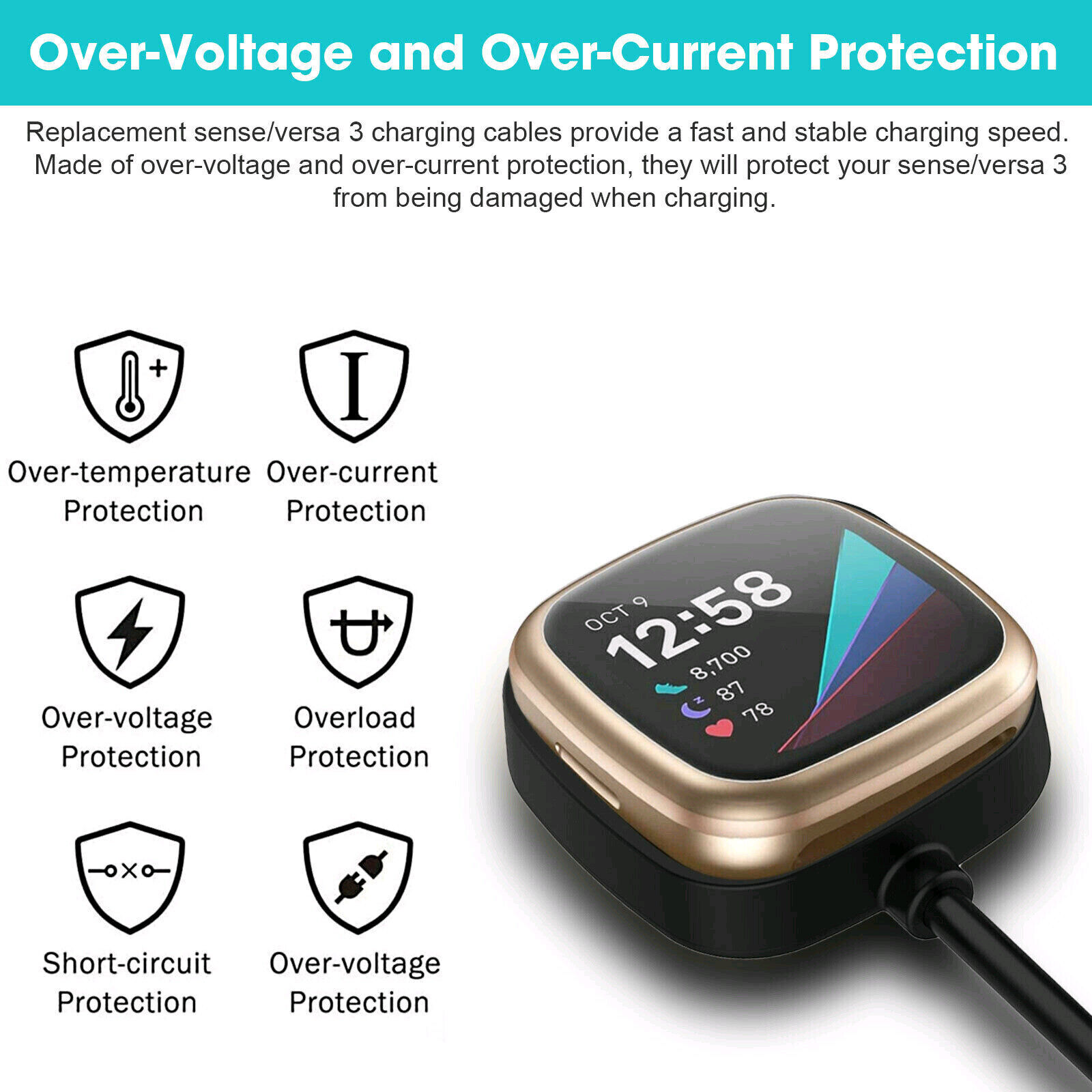 Wireless Charger For Fitbit Sense & Versa 3 Watch USB Fast Charging Dock Cable