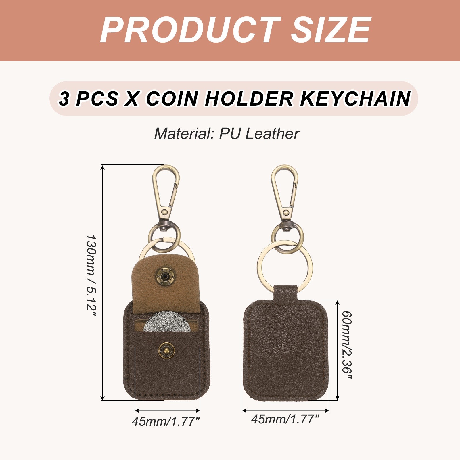 3 Pack Quarter Leather Keychain, PU Leather Key Ring Coin Case, Mud Color