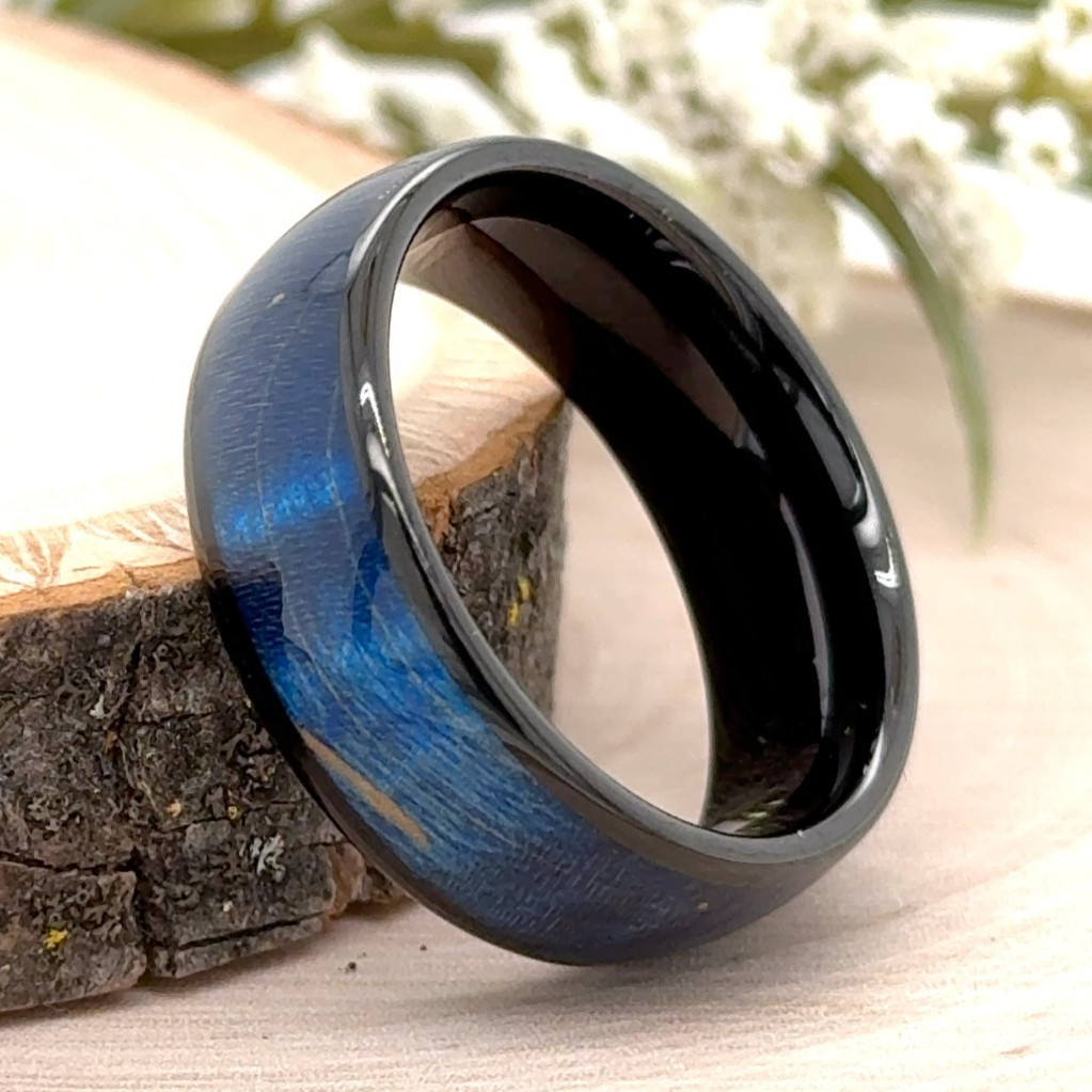8mm Black Tungsten Modern Band Sky Blue Carbon Fiber Inlay Christmas Gifts Ring