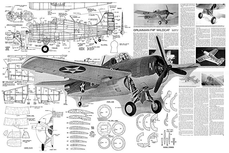 Model Airplane Plans (FF): WWII Grumman F4F Wildcat 1/24 Scale 19" Rubber Power