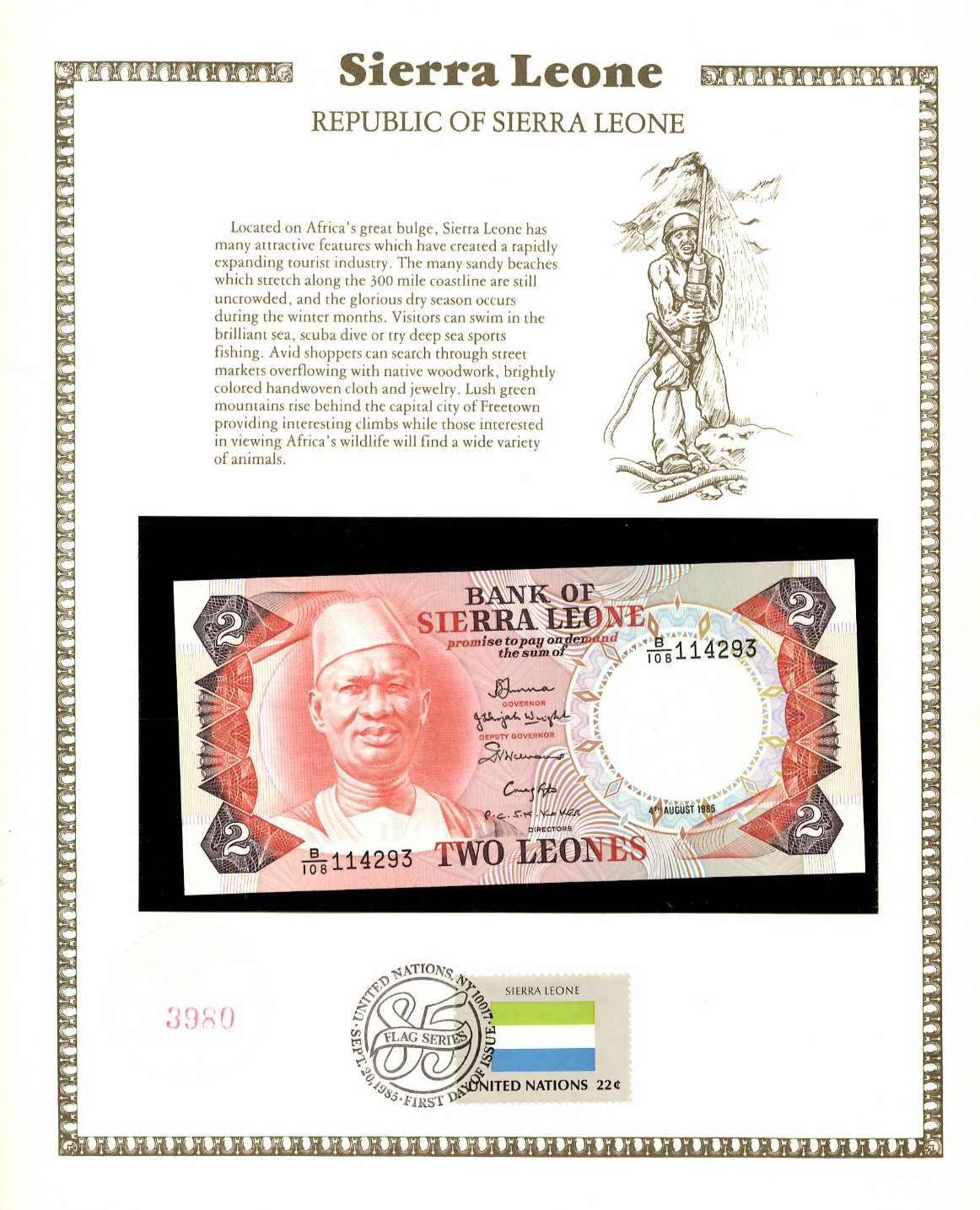 Sierra Leone 1984 2 Leones P-6g UNC w/FDI UN FLAG STAMP B/108 114293