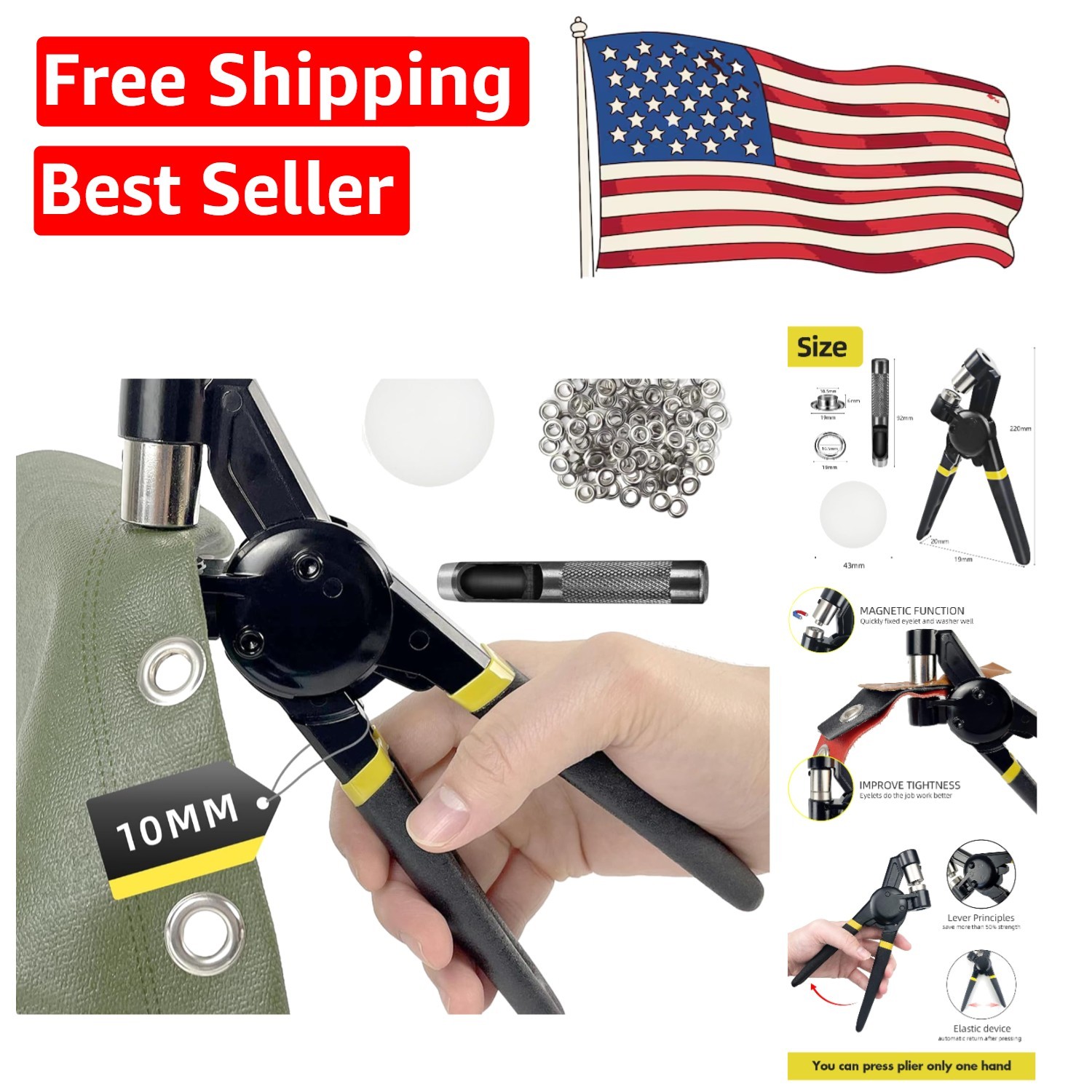 Heavy-Duty Eyelet Tool - 3/8 Inch Grommet Kit with Magnetic Dies & 500 Grommets