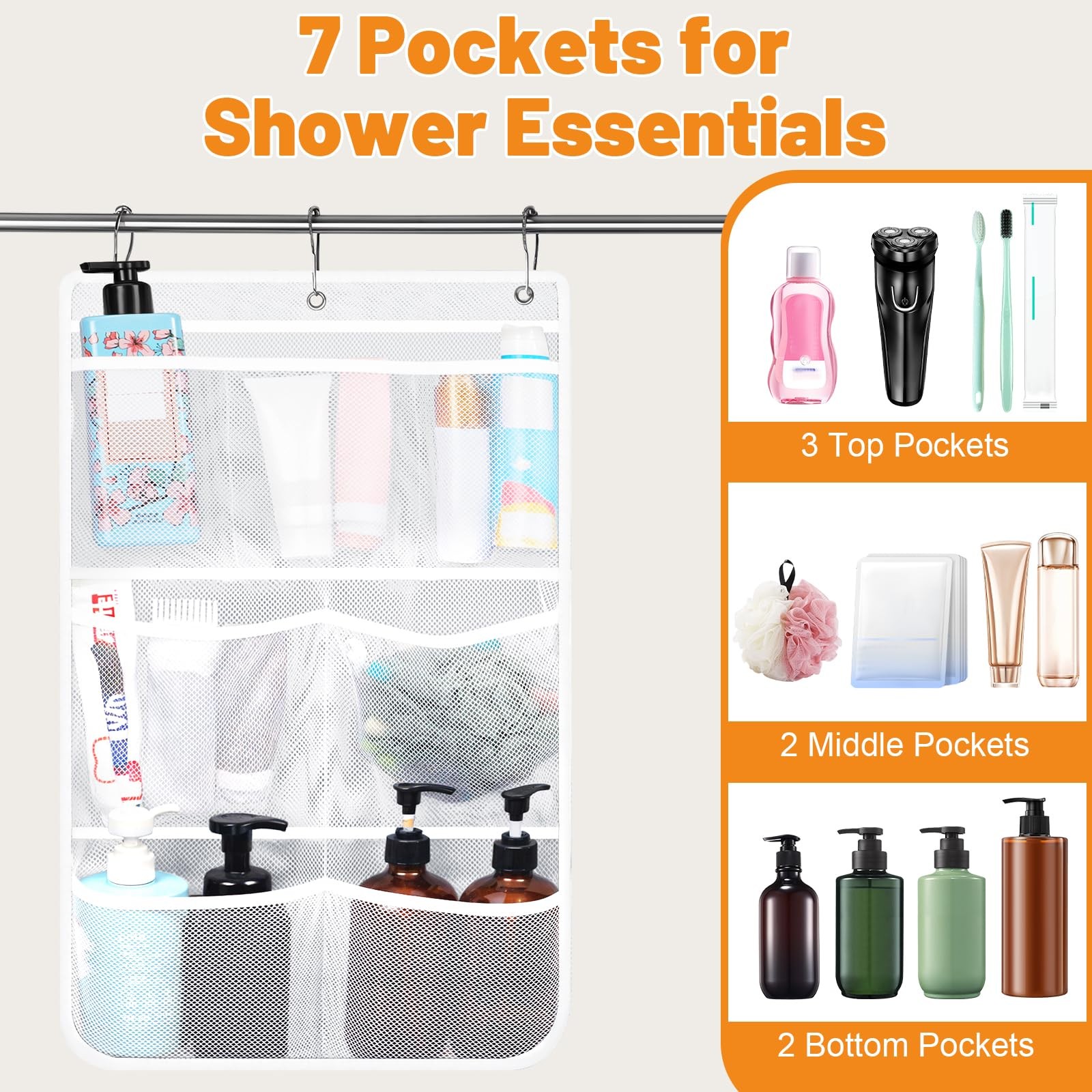 Dntorx 2 Pack Mesh Shower Hanging Caddy, 7 Pockets White