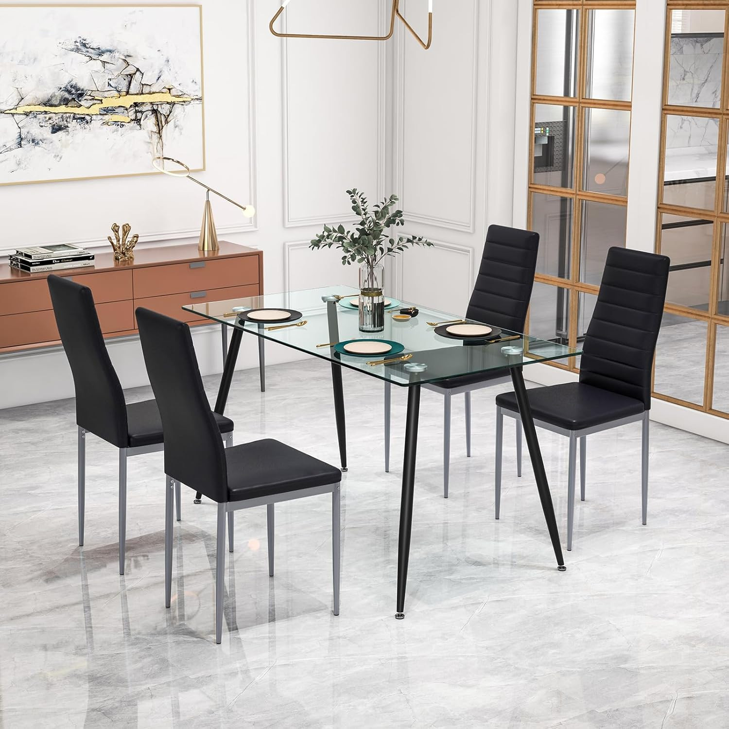 Set of 4 PU Leather Dining Side Chairs with Padded Seat Foot Cap Protection Stab