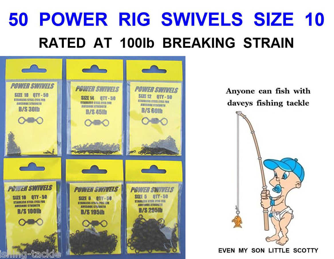 50 POWER RIG SWIVELS SIZE 10 FOR COARSE PIKE CATFISH CARP SEA FISHING LINE RIGS