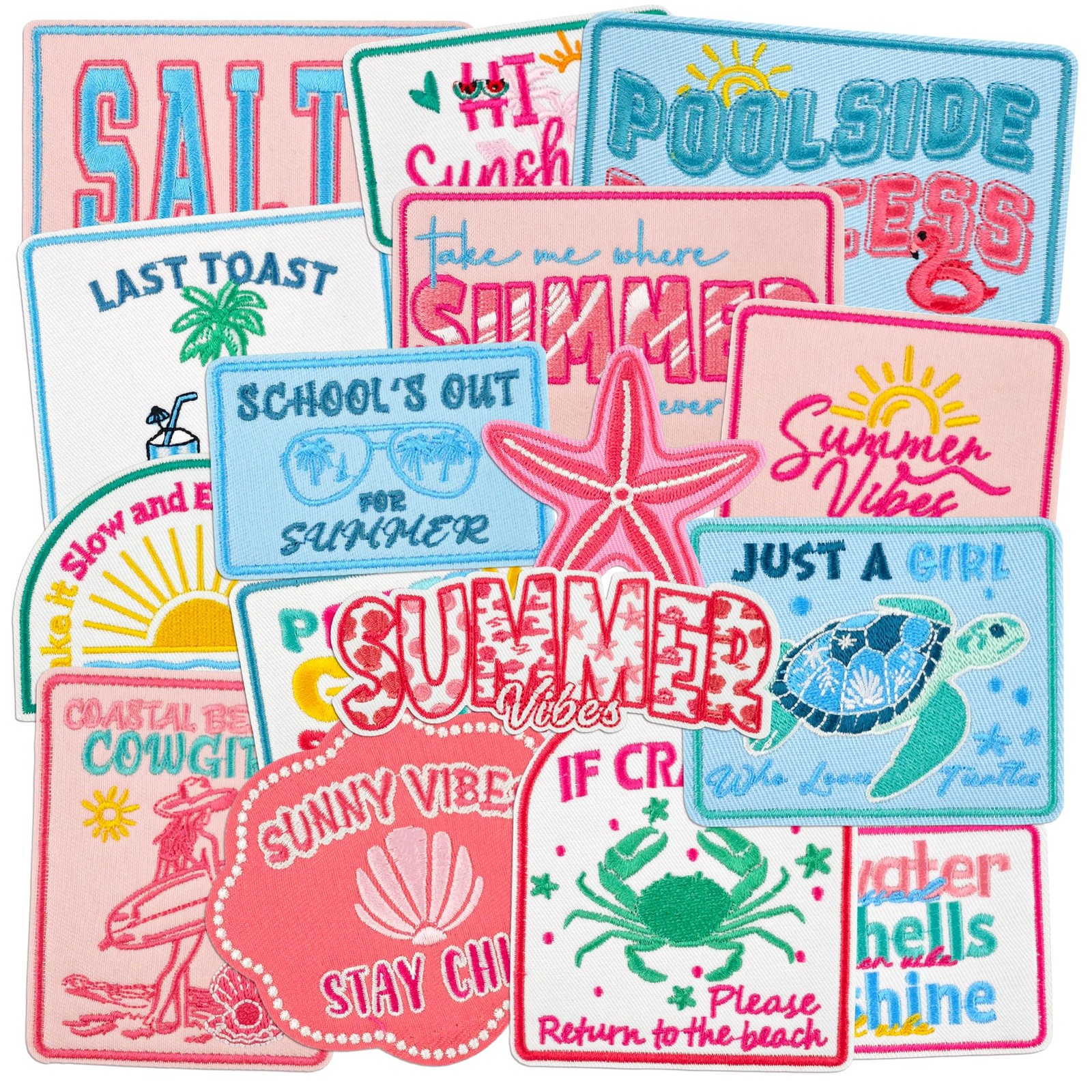 Crocode tears Summer Iron On Patches for Hats 16 Pcs Coastal Girl Blue&Pink