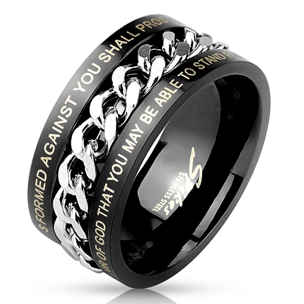 Isaiah 54:17, Ephesians 6:11 Bible Verse Black Steel Ring w/Center Chain Spinner