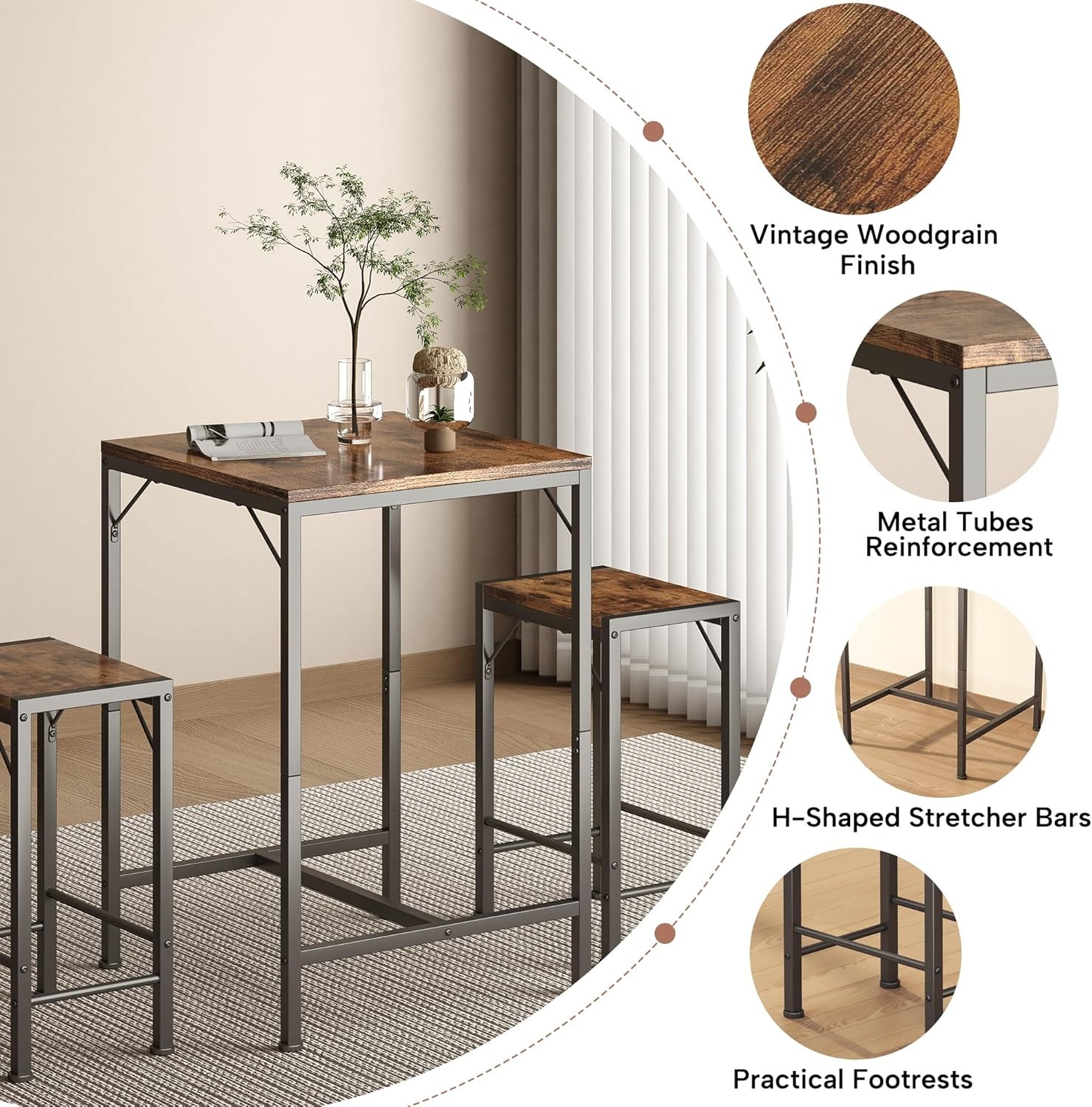 Bar Table & Chairs Set Square Bar Table W/ 2 Stools Space-Saving Dining Pub Set