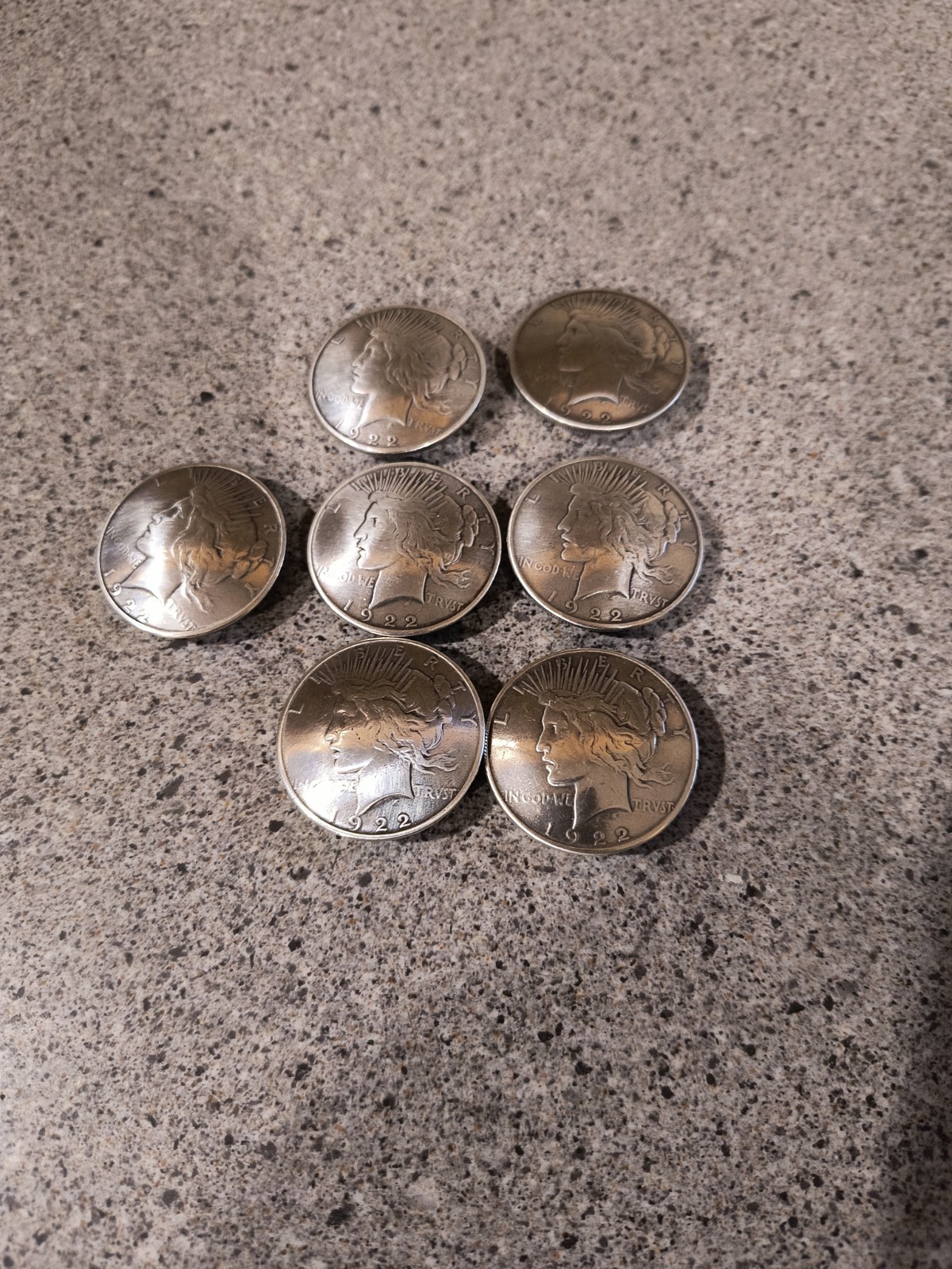 Set of 7 Vintage 1922 Morgan Dollar Replica Screw-Back Conchos, Silver Tone