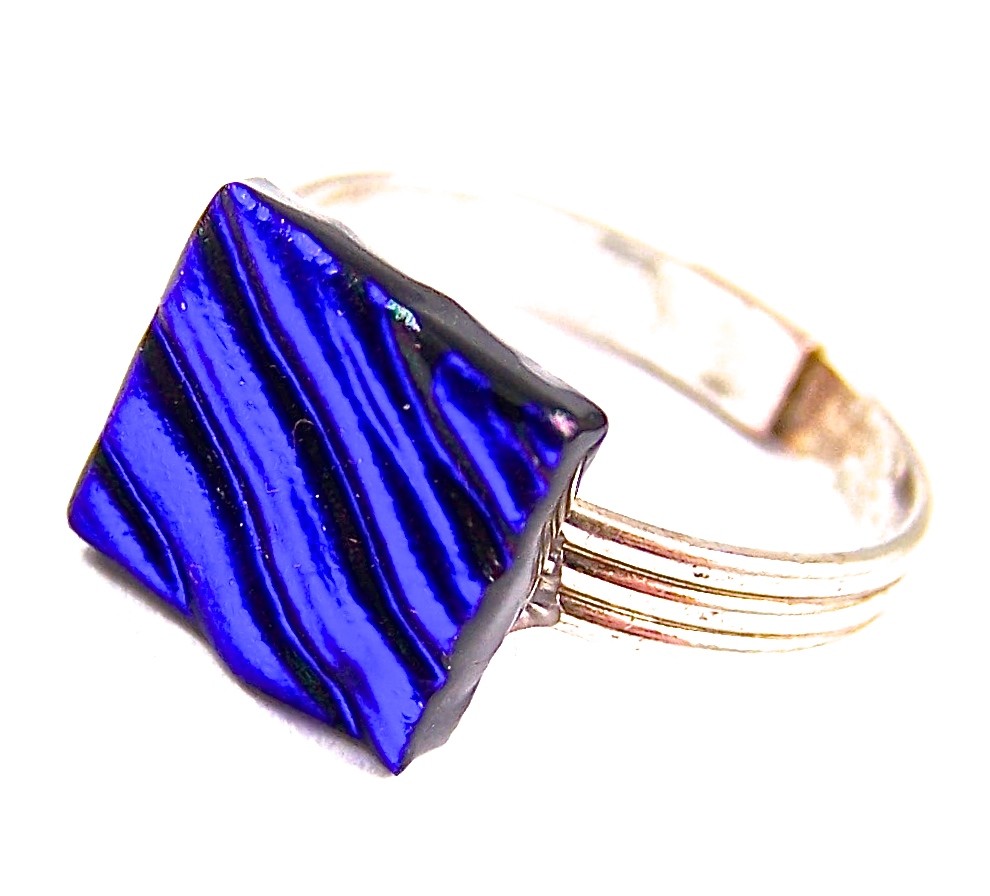 Dichroic Glass Ring Adjustable Blue Sapphire Royal Stripes Patterned Tiny 10mm