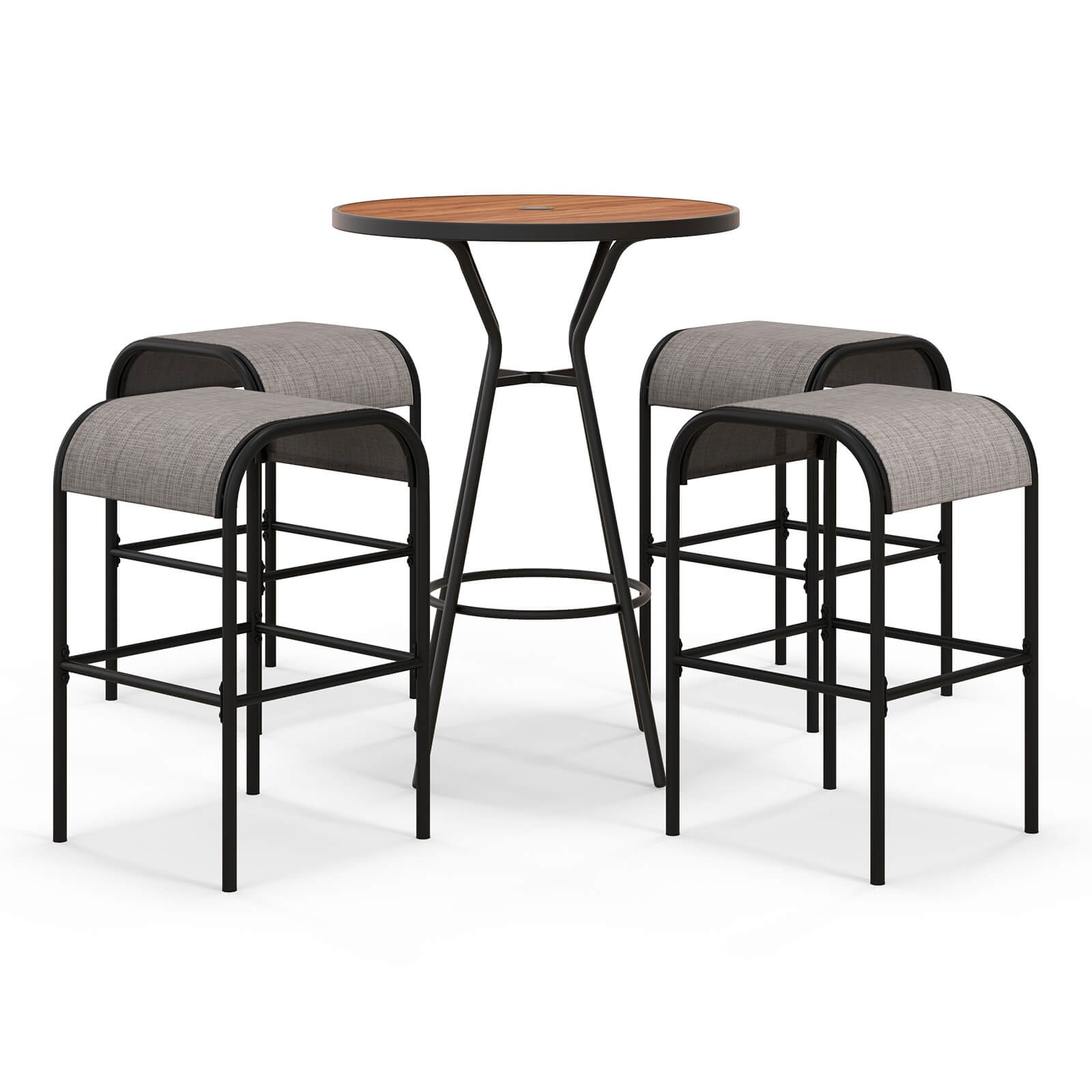 5 PCS Patio Bistro Set Round Table w/ 1.6" Umbrella Hole & 4 Stools Metal Frame