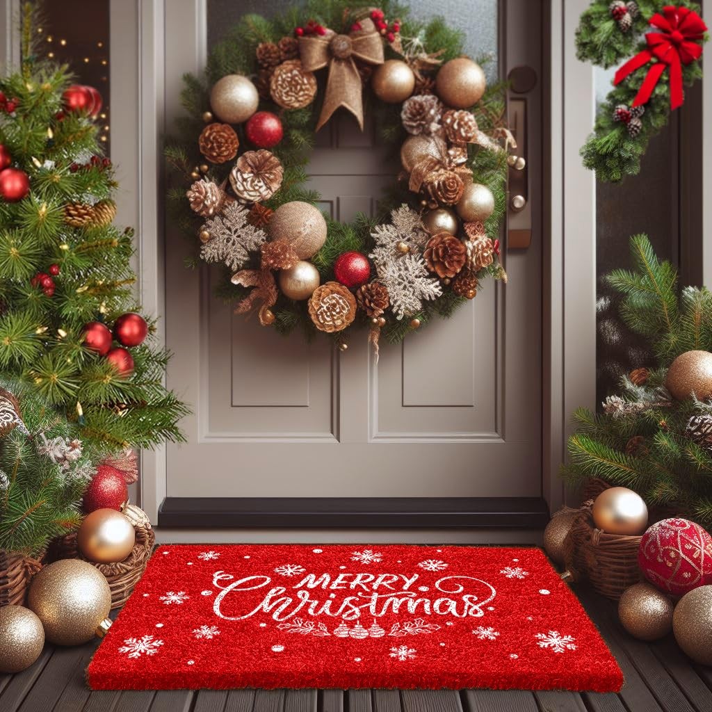 LuxUrux Merry Christmas Outdoor Door Mat 30x17" - Elegant Winter Holiday Coir