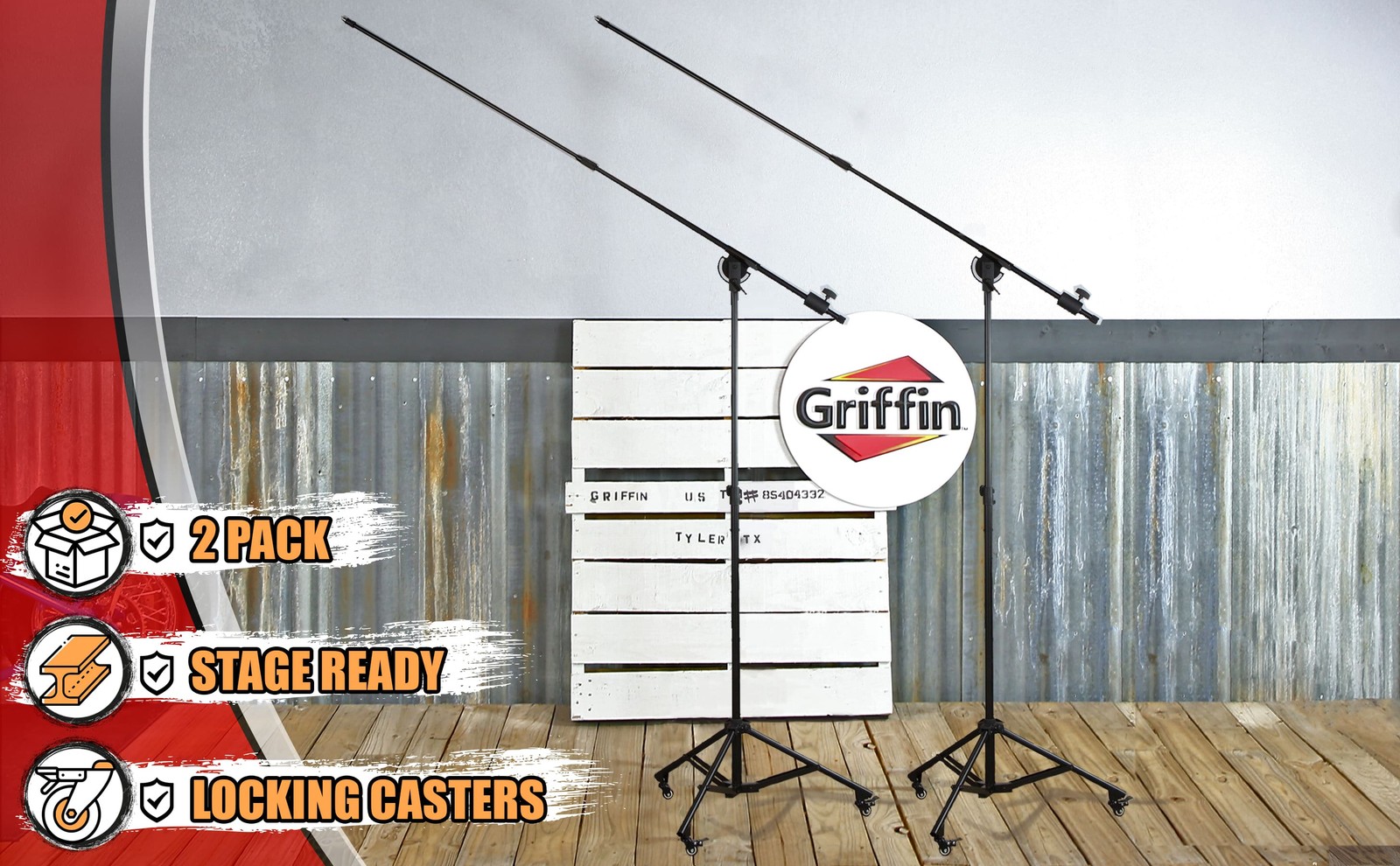 2 PACK Studio Microphone Boom Stand with Wheels by GRIFFIN | Extended Mic Height