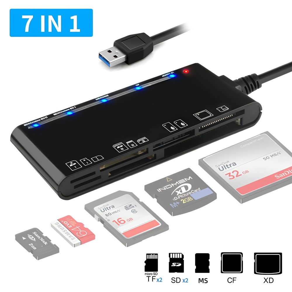 USB 3.0 Memory Card Reader, 7 in 1 Adapter Hub, for SD, CF, TF, Micro SD, XD, MS