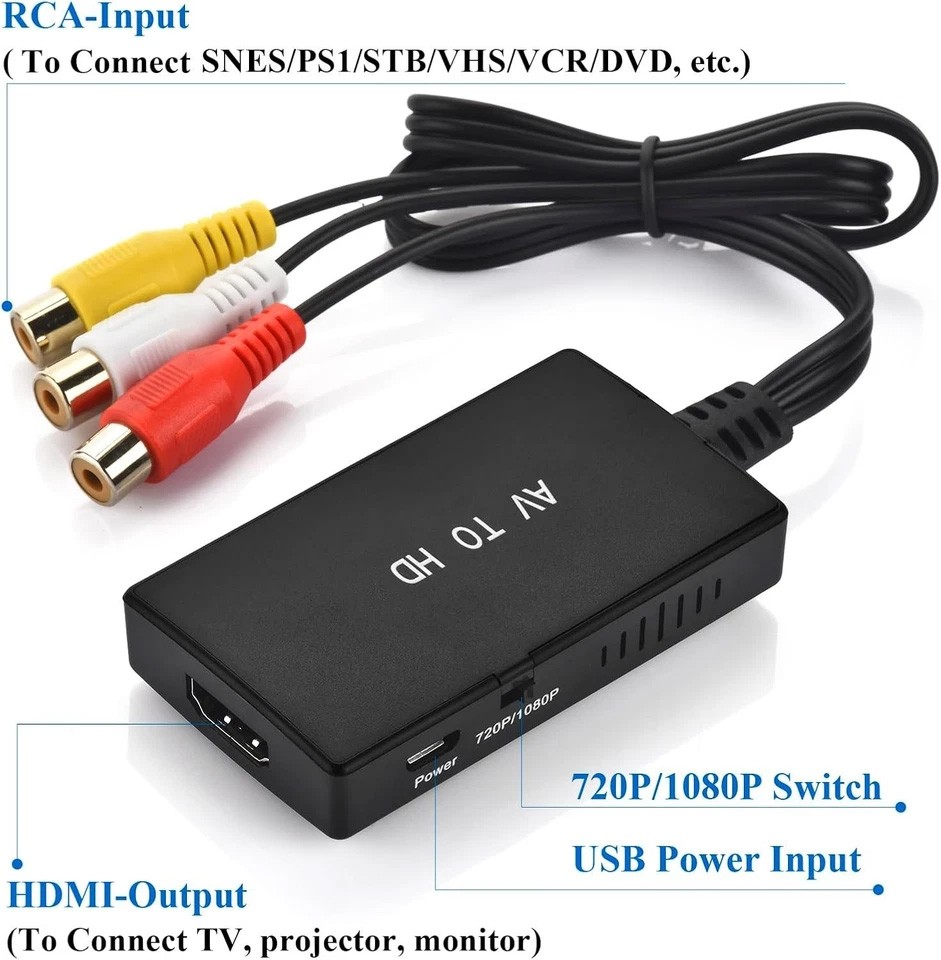 RCA to HDMI Converter, Analog Composite to HDMI Adapter Compatible VCR,DVD,VHS