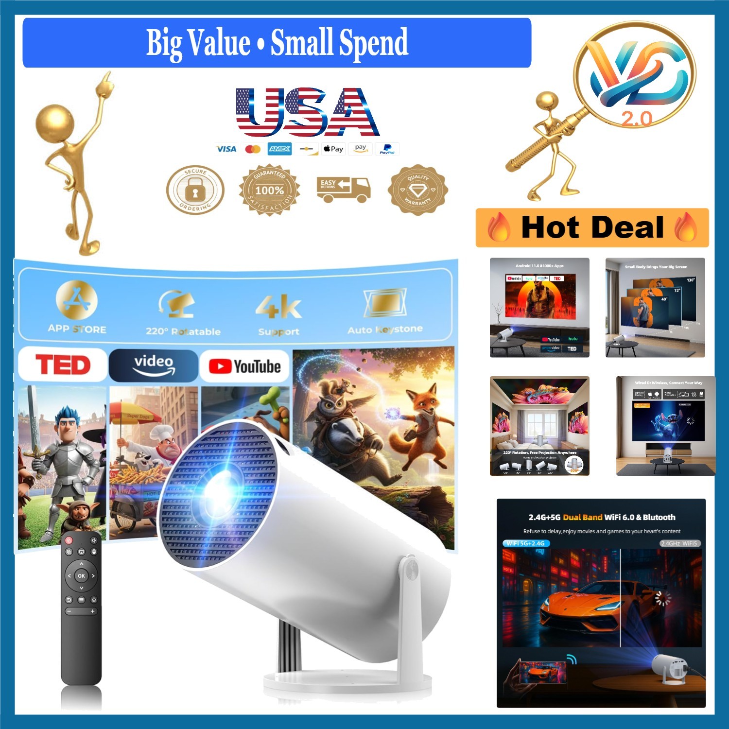 Mini Projector WiFi Bluetooth 4K 1080P Portable Android Home Cinema