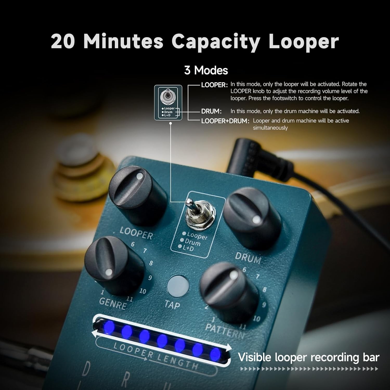 Drum Machine & Loop Pedal Metal 20 Min Capacity 121 Rhythms Guitar Effects