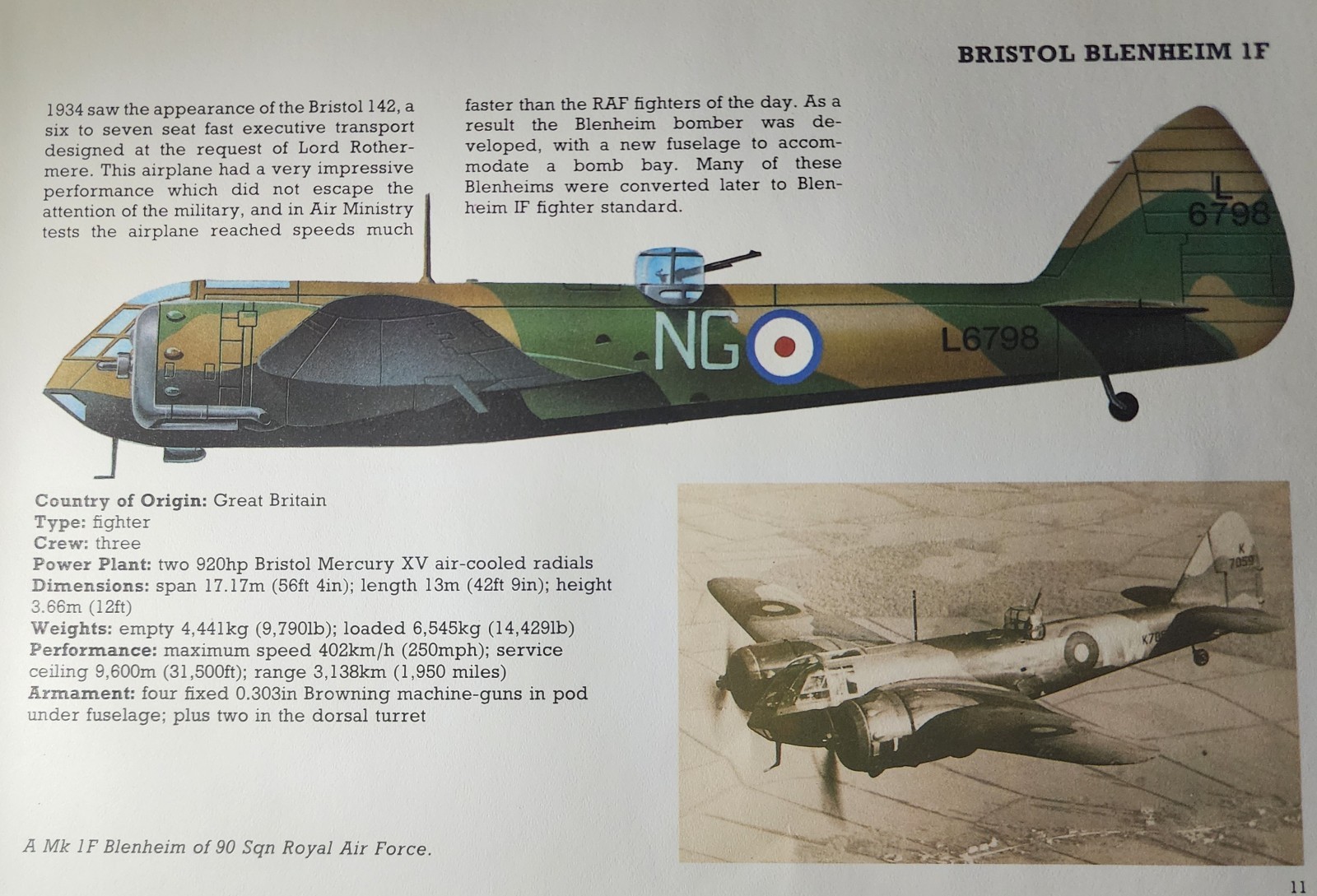 Bristol Blenheim Picture Out of Print Aviation Vtg Info Sheet Decor Article