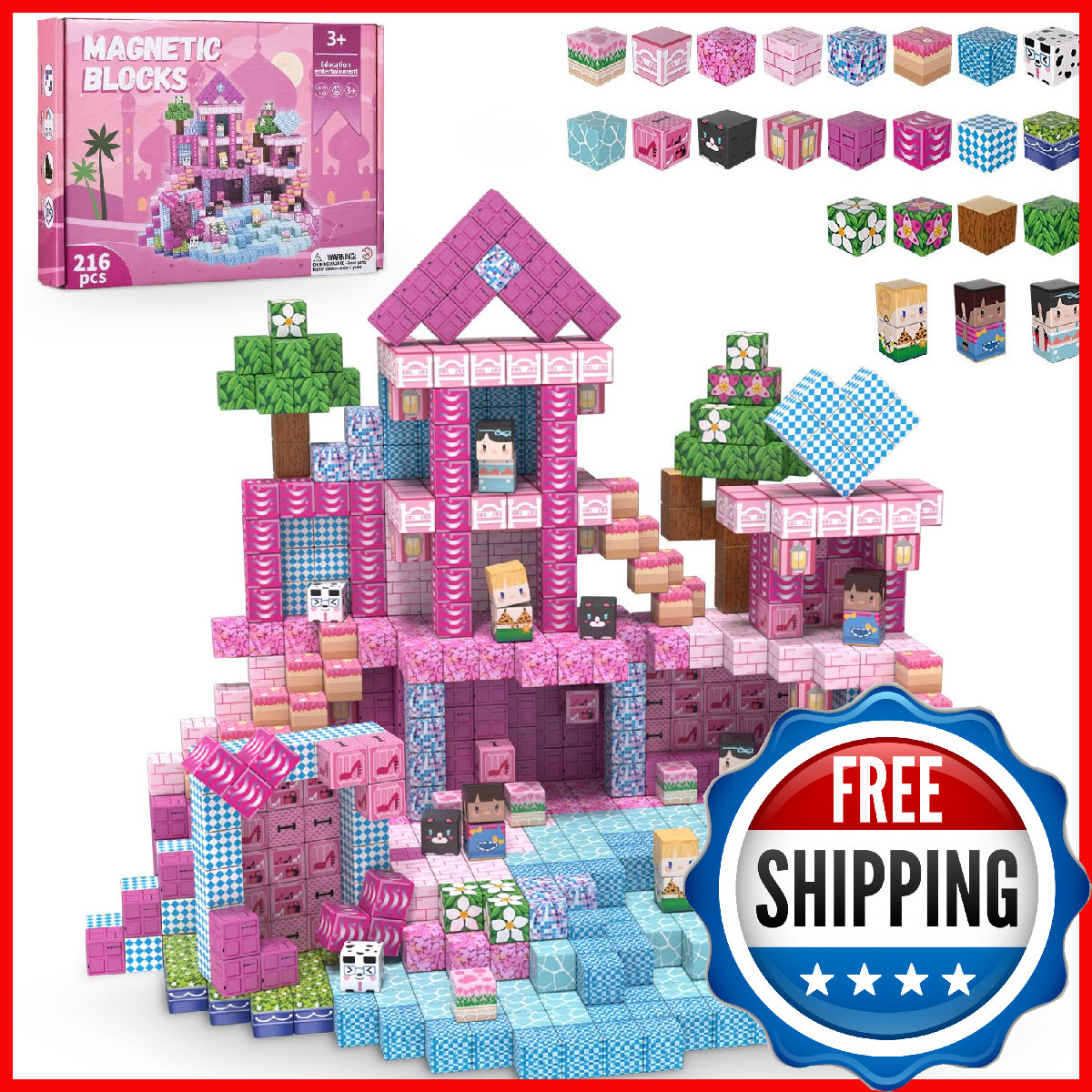 ADAH 216PCS Magnetic Building Blocks for Girls, Pink Princess STEM Toys for Ages