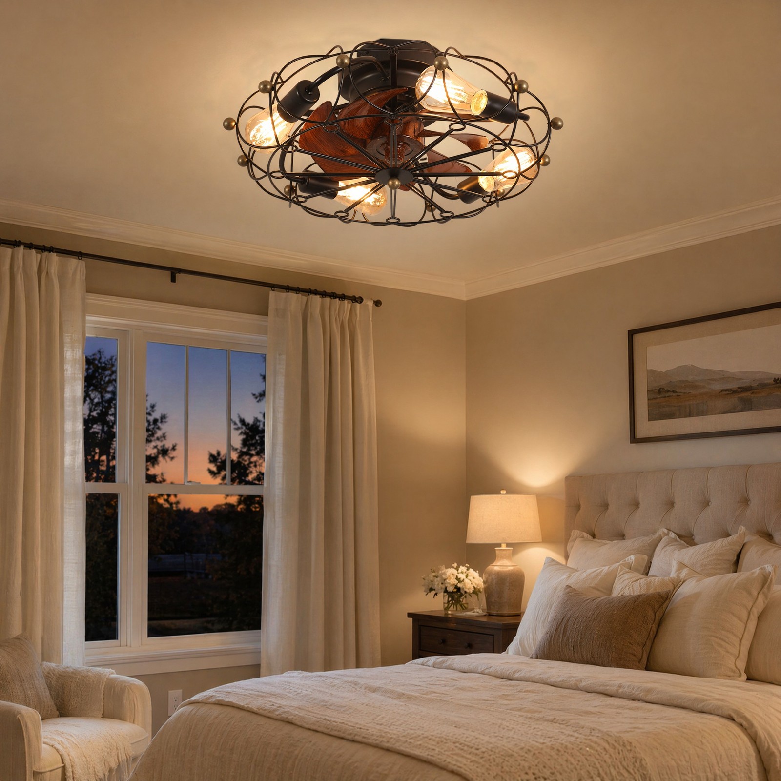20'' Modern Caged Black Ceiling Fan with LED Light Flush Mount Remote Control
