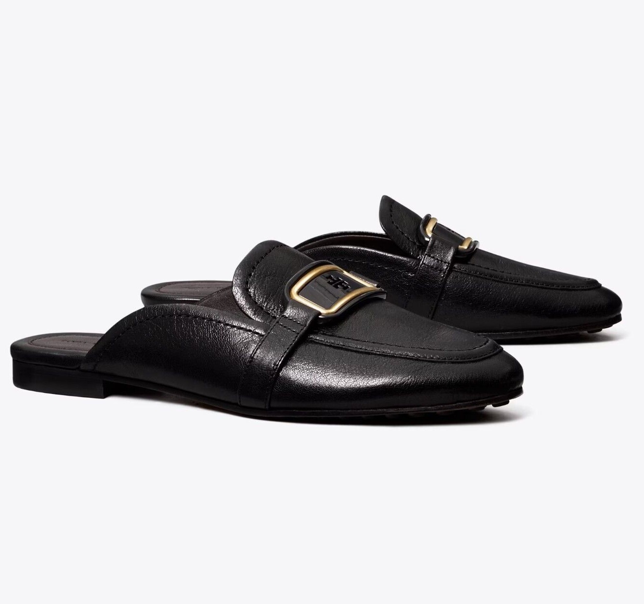 Tory Burch NIB $298 Georgia Backless Loafer Flats Mules Black Gold Logo