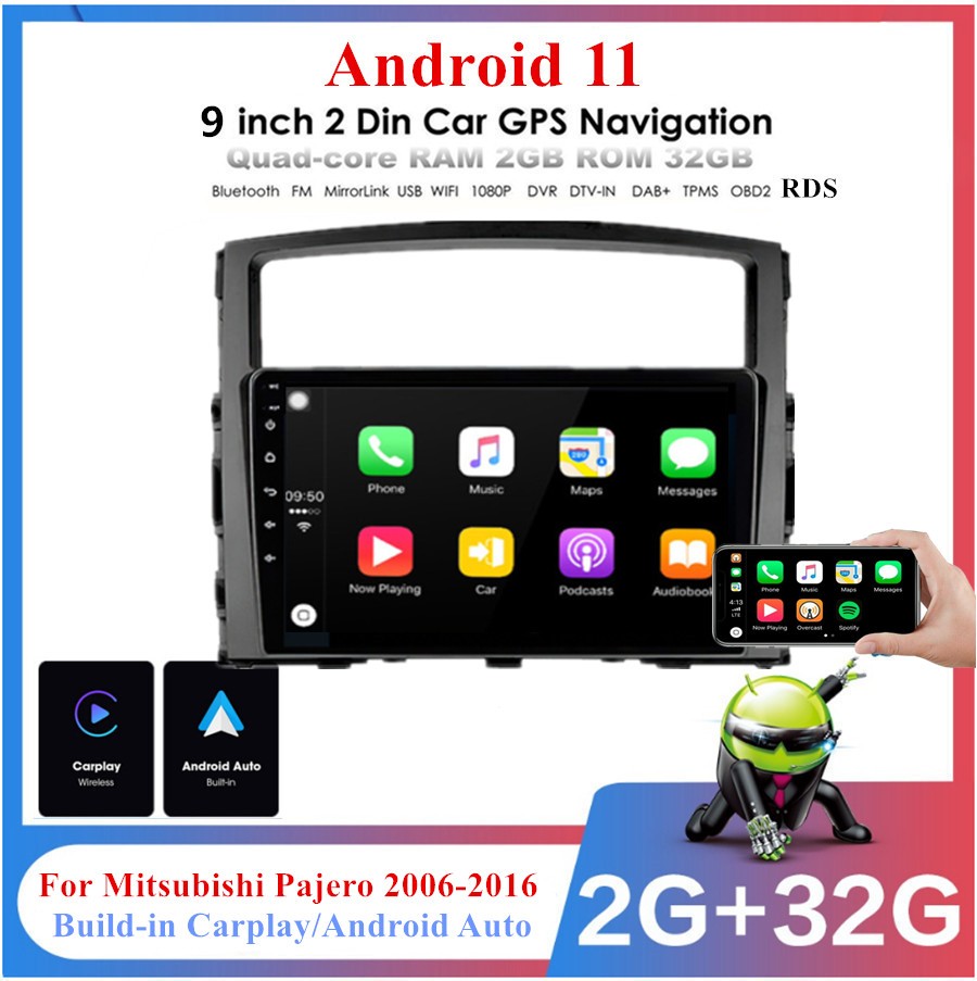 9'' Android 11 Stereo Radio GPS 2G+32G For Mitsubishi Pajero 4 V80 V90 2006-2016