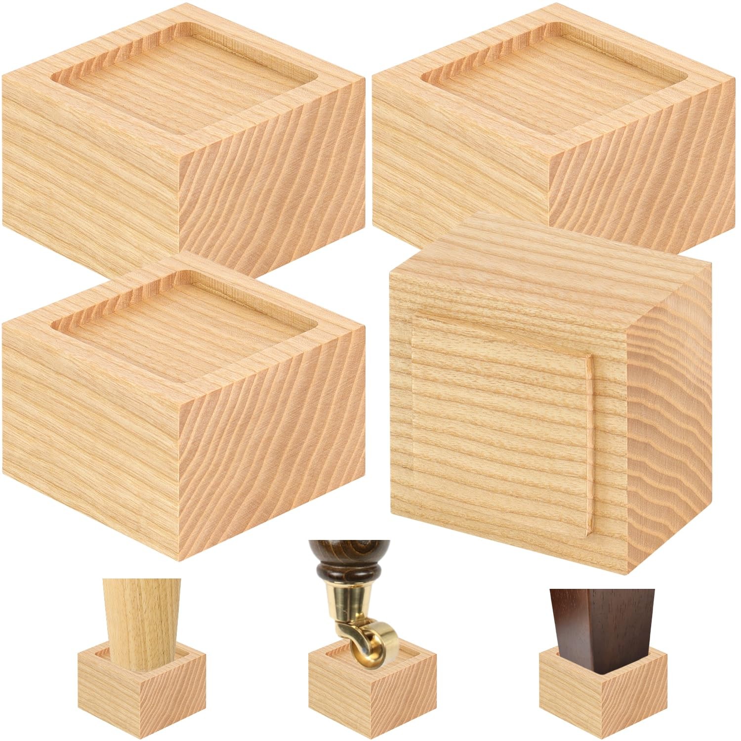 Bed Risers Set Of 4 Oak Solid Wood Lifts Height 2 Inch Natural Color