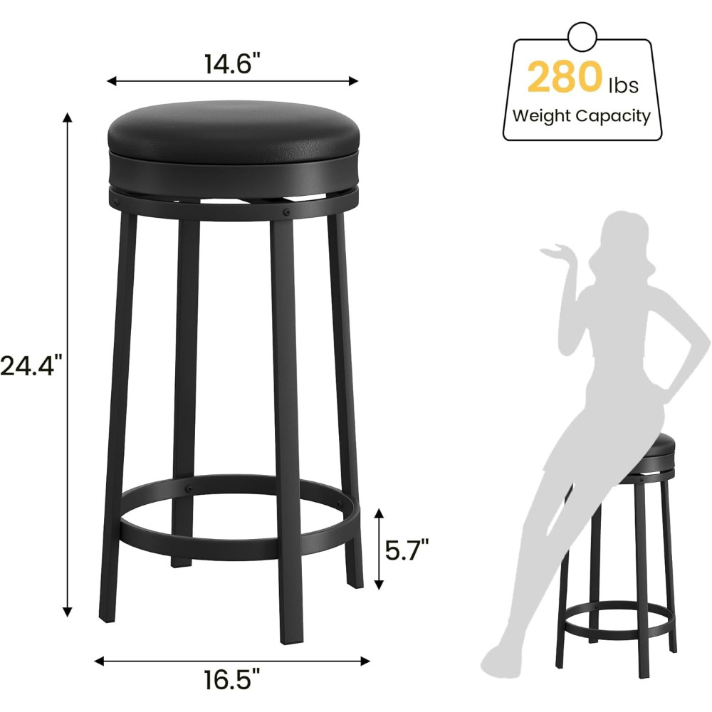 Backless PU Leather Height Stools: 24" Swivel with Adjustable Footrest for Home