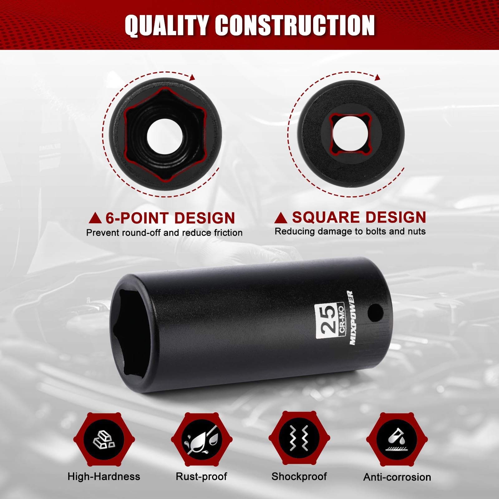 1/2" Drive Deep Impact Socket,CR-MO,25mm,6 Point, Radius Corner 25mm