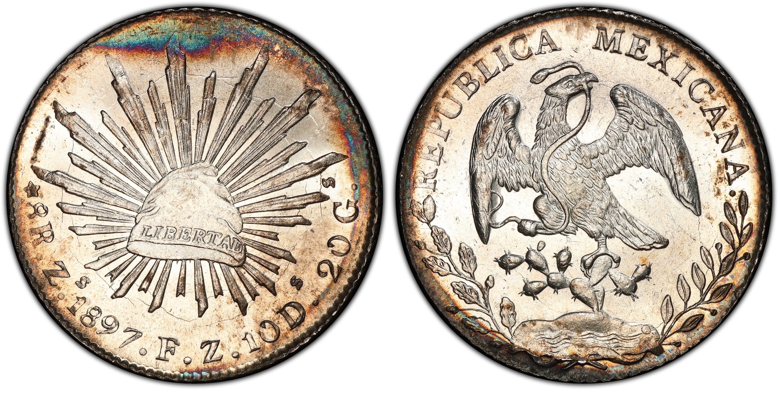 MEXICO. 1897-Zs FZ AR 8 Reales. PCGS MS65 Zacatecas KM 377.1