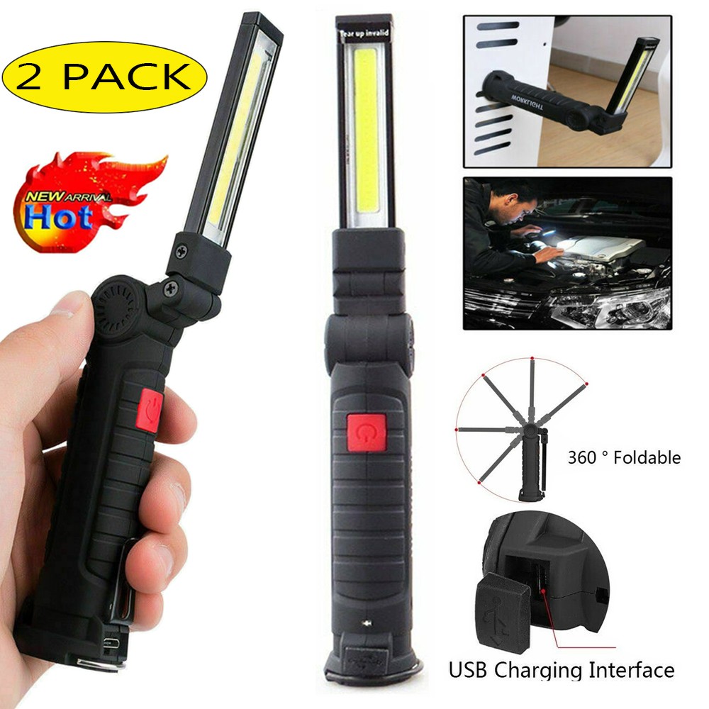 2Sets USB Rechargeable COB LED Work Light Lamp Inspect Folding Torch Flashlight