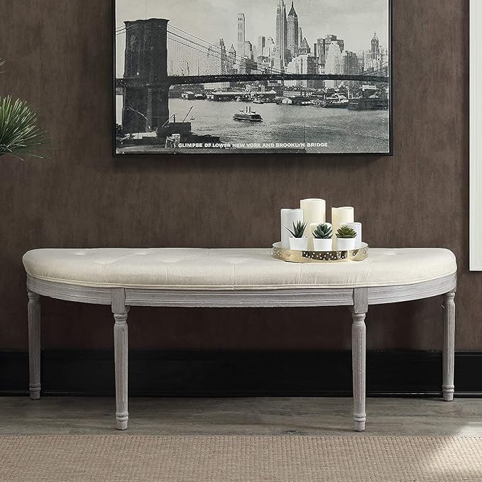 Coastal Button Tufted Light Beige Upholstered Bench with Weathered Gray Legs