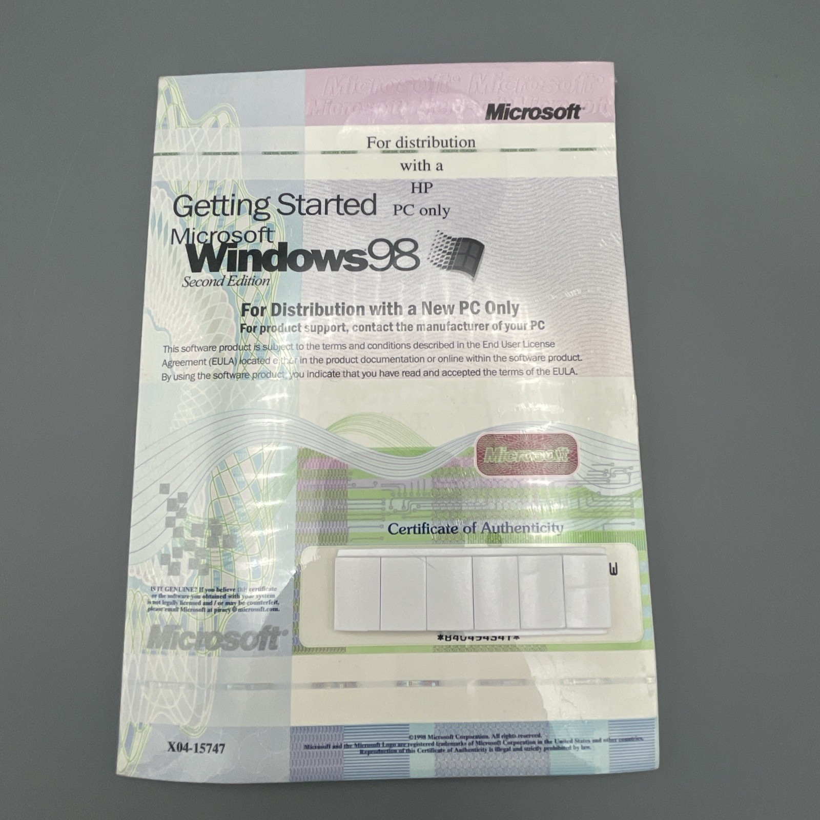 Microsoft Windows 98 Product Key DistributionBrand New Sealed Book (  No CD )
