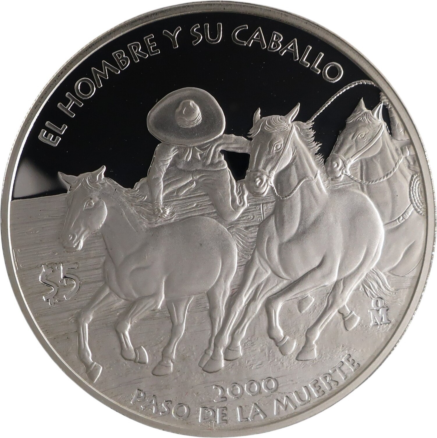 2000 MEXICO SILVER PROOF PASO DE LA MUERTE 5 PESOS IBERO AMERICAN HORSE COWBOY