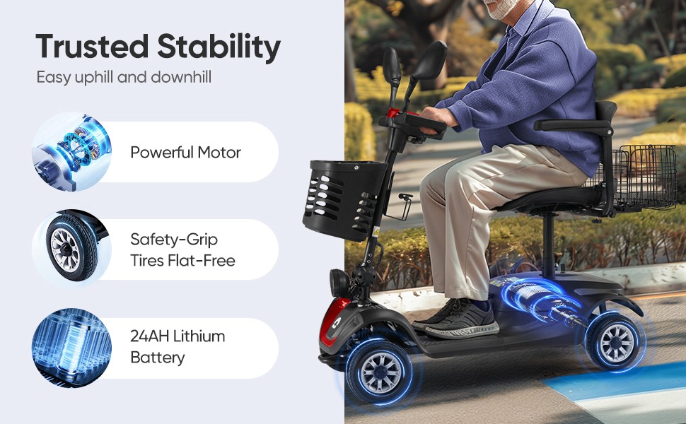 Pro 4 Wheels Mobility Scooter 12.4miles All Terrain LED Headlights Two Baskets