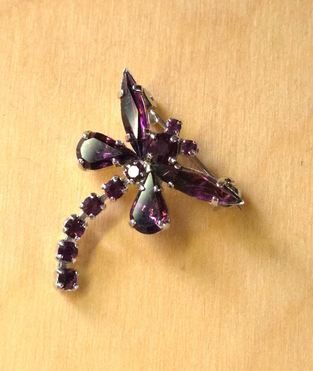 Purple Rhinestone Dragonfly Brooch Silver-tone Costume Jewellery