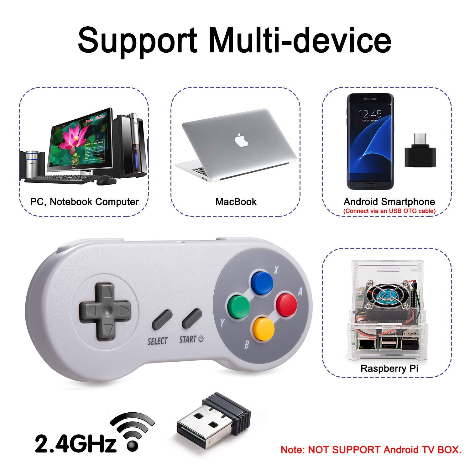 2 Packs Wireless SNES Console Controller 2.4G Game Pad Joypad for SNES PC RasPi