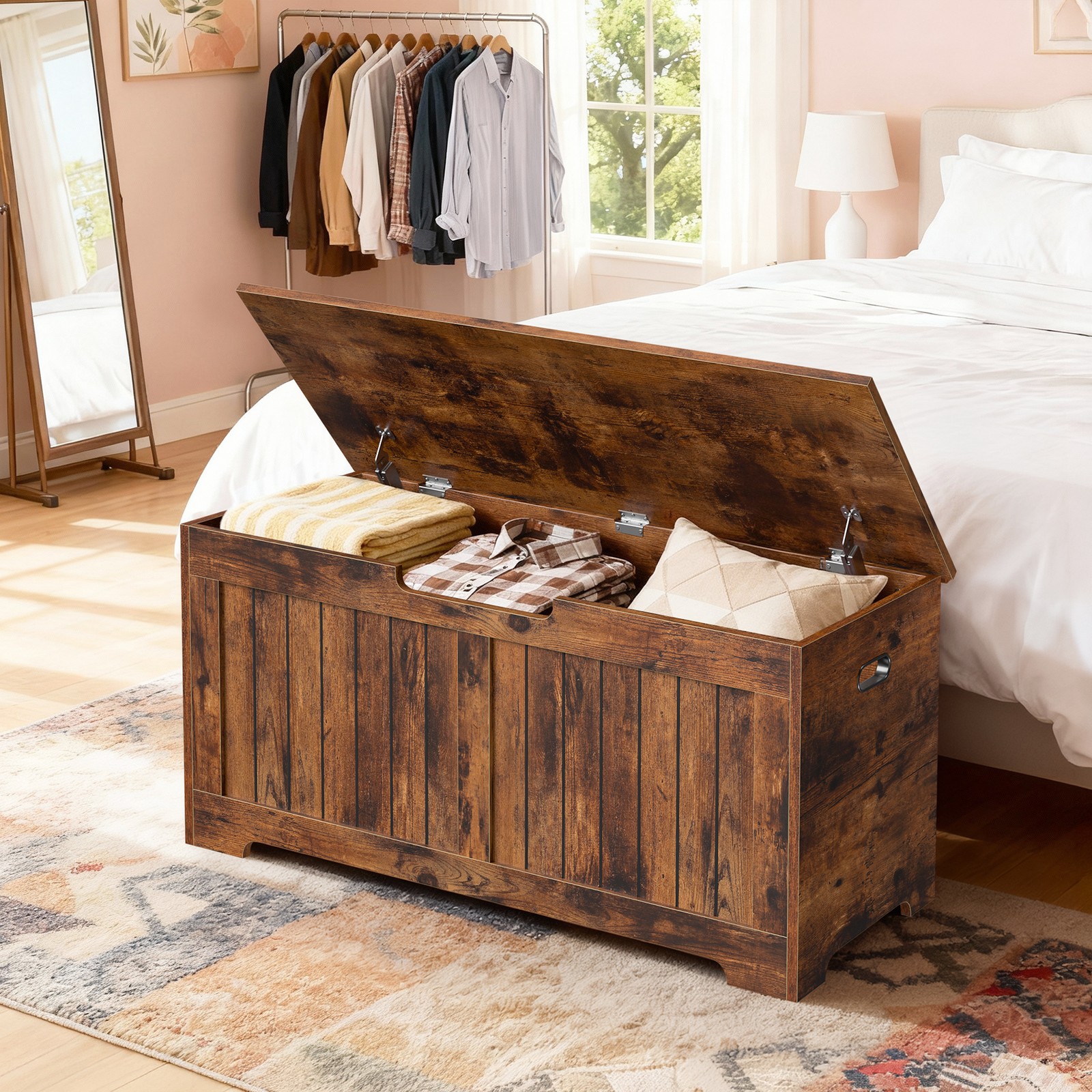 Storage Chest Storage Bench with Safety Hinge White for Playroom Rustic Brown