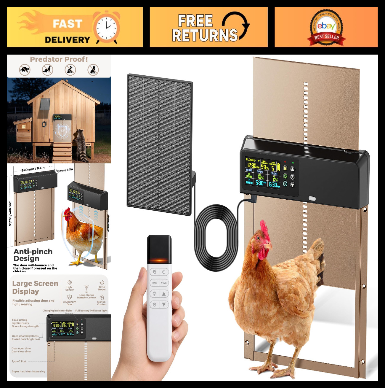 Solar-Powered Automatic Chicken Coop Door with Remote, LCD Display